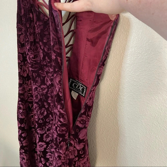 CDC Vintage Velvet Dress Floral Jacquard Open Back Midi Size 10 Crush Velvet - Picture 15 of 17